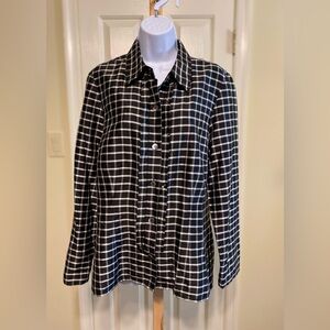 Nina M. Clemore - Woman’s silk black/white checkered button-down shirt, Size: 10